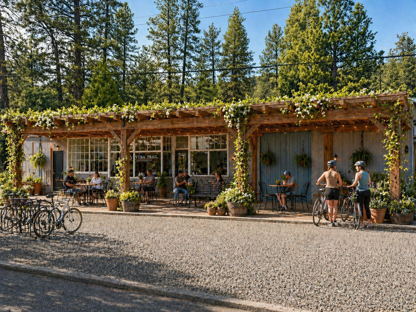 Rendering of the Yuba Trail Stewardship Trail Center: a rustic building under a flowering wooden pergola, with patio seating, a bike rack, and cyclists among tall pines